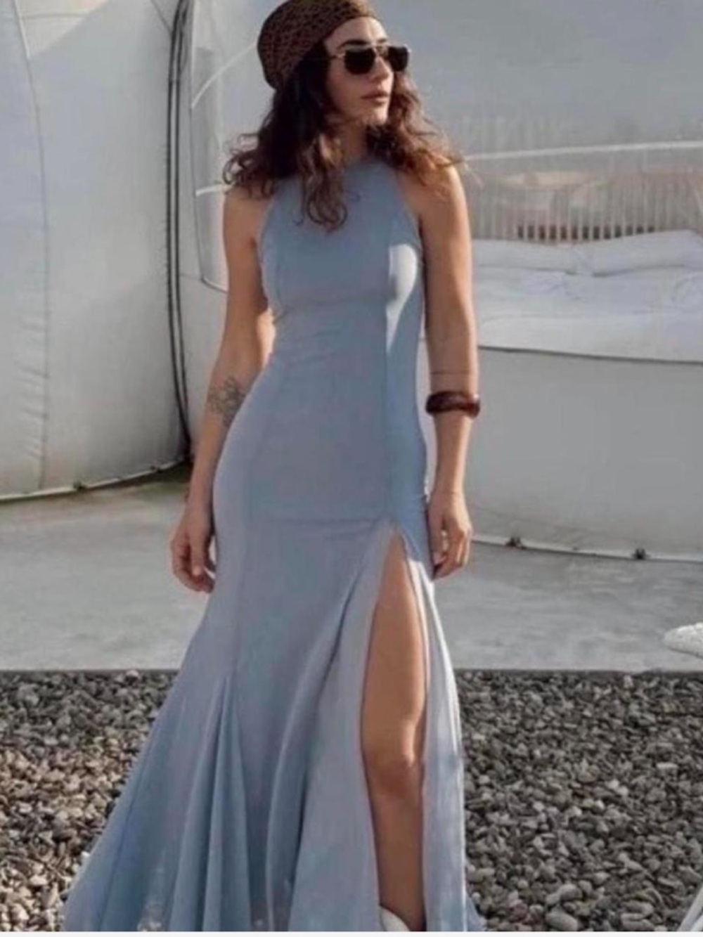Zara Light Blue Halter Maxi Dress with High Thigh Slit